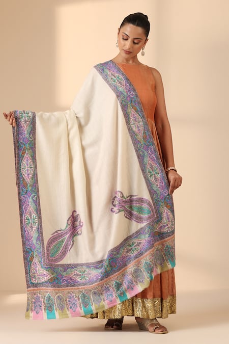 Dusala White Auklet Handwoven Kalamkari Border Shawl 