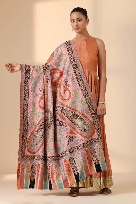 Shop Dusala Multi Color Pashi Handwoven Pashmina Kalamkari Work Shawl at Aza Fashions Shop_Dusala_Multi Color Pashi Handwoven Pashmina Kalamkari Work Shawl _at_Aza_Fashions