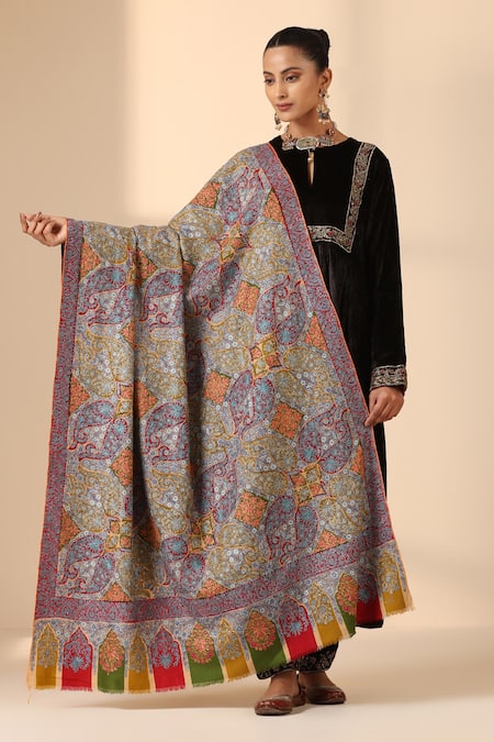 Shop Dusala Multi Color Sherly Pashmina Kalamkari Shawl at Aza Fashions Shop_Dusala_Multi Color Sherly Pashmina Kalamkari Shawl _at_Aza_Fashions