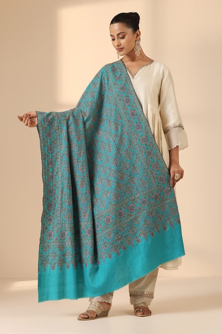 Dusala Blue Aaravi Handwoven Jama Waar Work Shawl