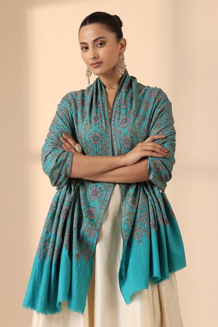 Shop Dusala Blue Aaravi Handwoven Jama Waar Work Shawl at Aza Fashions Shop_Dusala_Blue Aaravi Handwoven Jama Waar Work Shawl _at_Aza_Fashions