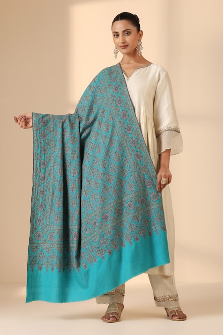Dusala Blue Aaravi Handwoven Jama Waar Work Shawl Online at Aza Fashions Dusala_Blue Aaravi Handwoven Jama Waar Work Shawl _Online_at_Aza_Fashions