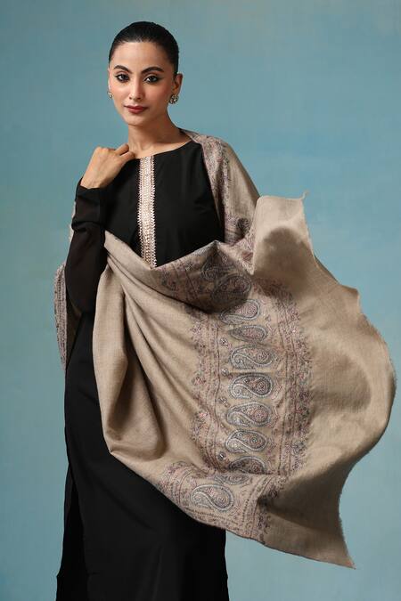 Dusala Grey Emilia Paper Mache Gulaab Work Shawl Online at Aza Fashions Dusala_Grey Emilia Paper Mache Gulaab Work Shawl _Online_at_Aza_Fashions
