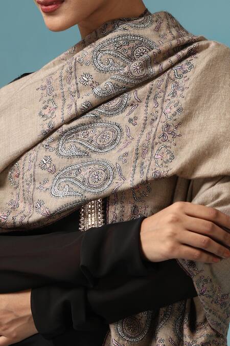 Buy Dusala Grey Emilia Paper Mache Gulaab Work Shawl Online at Aza Fashions Buy_Dusala_Grey Emilia Paper Mache Gulaab Work Shawl _Online_at_Aza_Fashions