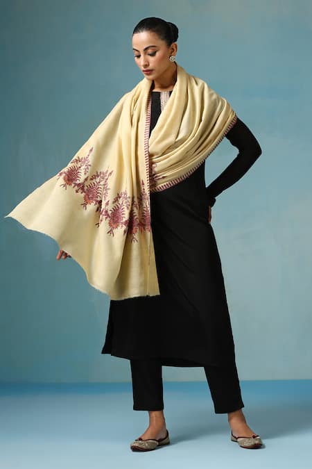 Shop Dusala Cream Simone Floral Pattern Kashmiri Shawl at Aza Fashions Shop_Dusala_Cream Simone Floral Pattern Kashmiri Shawl _at_Aza_Fashions