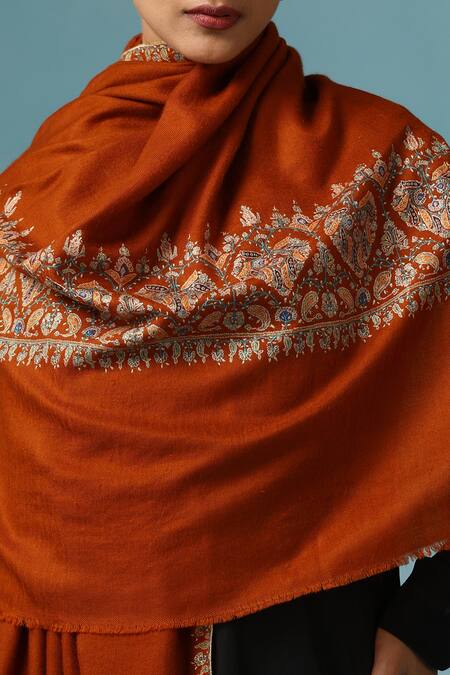 Dusala_Brown Beatrice Gulaab Work Shawl_Online_at_Aza_Fashions