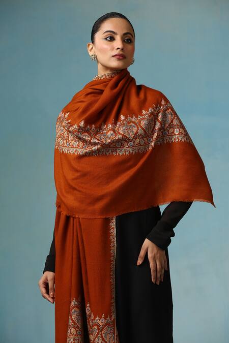 Shop_Dusala_Brown Beatrice Gulaab Work Shawl_Online_at_Aza_Fashions