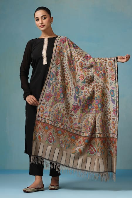 Shop Dusala Multi Color Camila Kani Embroidered Shawl at Aza Fashions Shop_Dusala_Multi Color Camila Kani Embroidered Shawl _at_Aza_Fashions