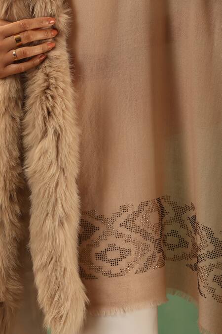 Dusala_Beige Margha Fur Border Embellished Stole_Online_at_Aza_Fashions