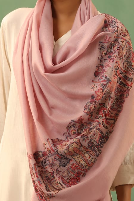 Dusala_Pink Jinay Jungle Border Woven Stole _Online_at_Aza_Fashions