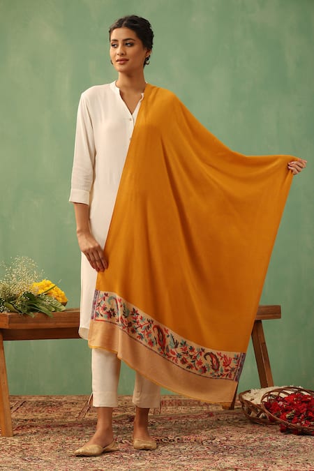 Shop_Dusala_Yellow Aksara Paisley Woven Stole _at_Aza_Fashions