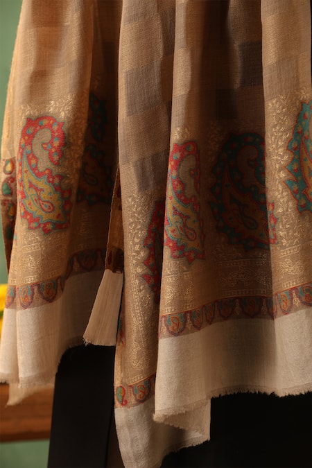 Dusala_Beige Tvash Cashmere Kani Stole _Online_at_Aza_Fashions