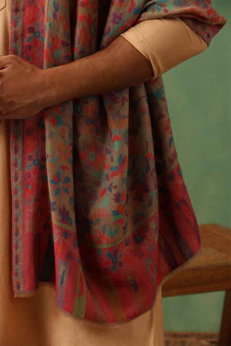 Shop_Dusala_Multi Color Eloitte Kani Floral Woven Stole _Online_at_Aza_Fashions