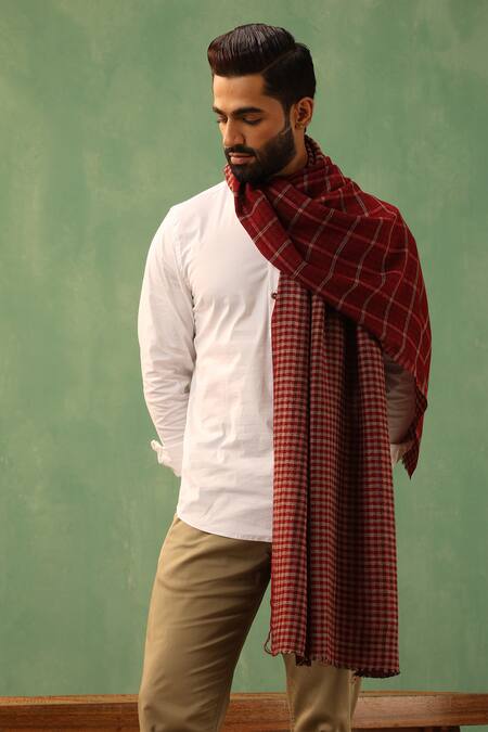 Shop_Dusala_Maroon Riyaz Checkered Woven Stole _at_Aza_Fashions