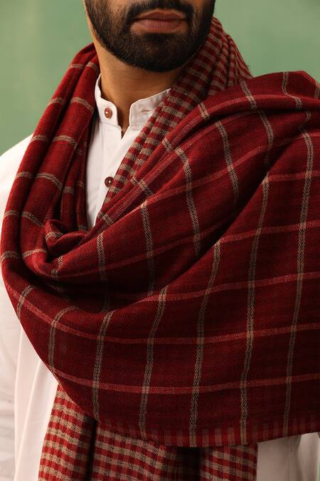 Dusala_Maroon Riyaz Checkered Woven Stole _Online_at_Aza_Fashions