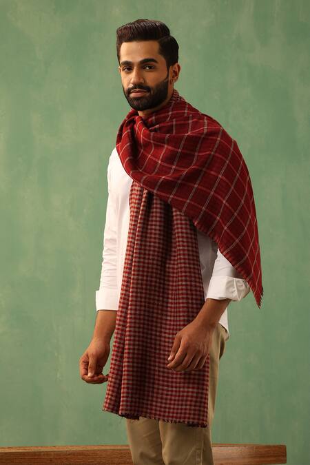 Buy_Dusala_Maroon Riyaz Checkered Woven Stole _Online_at_Aza_Fashions