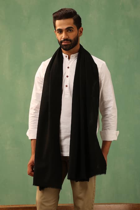 Shop_Dusala_Black Krish Woven Solid Stole _at_Aza_Fashions