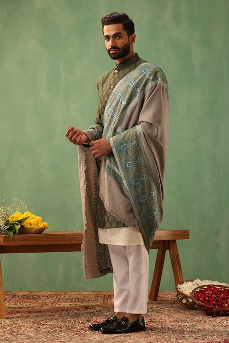 Shop_Dusala_Grey Ekaraj Pashmina Shawl _at_Aza_Fashions