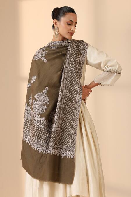 Shop Dusala Brown Maya Sozni Work Handwoven Pashmina Shawl Online at Aza Fashions Shop_Dusala_Brown Maya Sozni Work Handwoven Pashmina Shawl _Online_at_Aza_Fashions