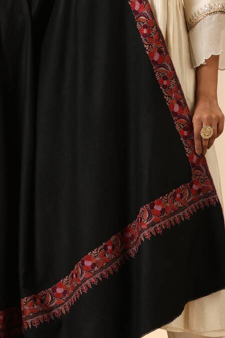 Dusala_Black Embroidery Nora Pashmina Dorakha Sozni Shawl_Online_at_Aza_Fashions