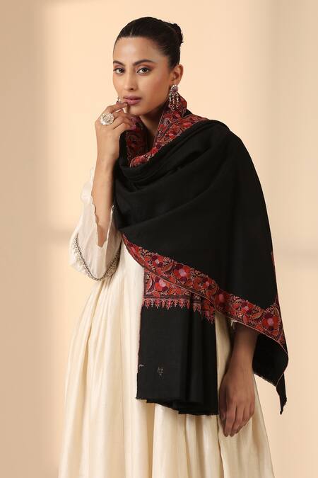 Buy_Dusala_Black Embroidery Nora Pashmina Dorakha Sozni Shawl_Online_at_Aza_Fashions