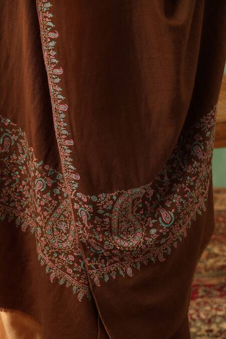 Dusala_Brown Leena Sozni Embroidered Pashmina Shawl_Online_at_Aza_Fashions