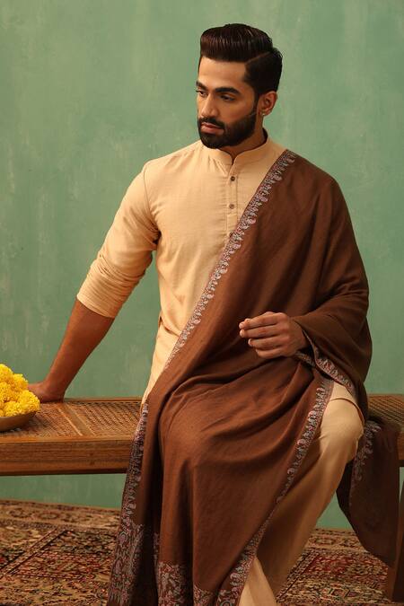 Buy_Dusala_Brown Leena Sozni Embroidered Pashmina Shawl_Online_at_Aza_Fashions