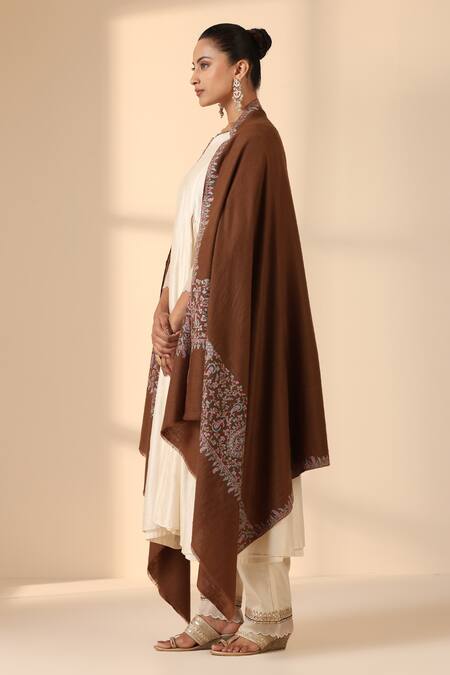 Shop_Dusala_Brown Leena Sozni Embroidered Pashmina Shawl_Online_at_Aza_Fashions