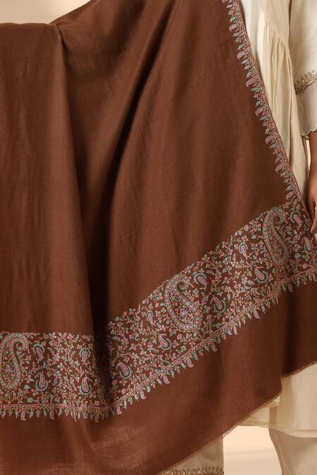 Dusala_Brown Leena Sozni Embroidered Pashmina Shawl_at_Aza_Fashions