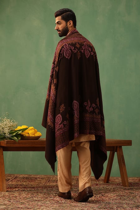 Shop_Dusala_Brown Maisie Sozni Embroidered Pashmina Shawl _at_Aza_Fashions