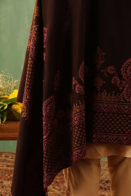 Dusala_Brown Maisie Sozni Embroidered Pashmina Shawl _Online_at_Aza_Fashions