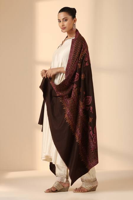 Shop_Dusala_Brown Maisie Sozni Embroidered Pashmina Shawl _Online_at_Aza_Fashions
