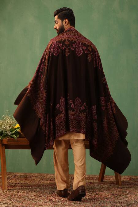 Dusala_Brown Maisie Sozni Embroidered Pashmina Shawl _at_Aza_Fashions