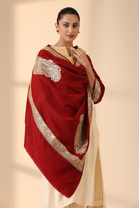 Shop Dusala Maroon Naomi Zari Embroidered Pashmina Shawl Online at Aza Fashions Shop_Dusala_Maroon Naomi Zari Embroidered Pashmina Shawl _Online_at_Aza_Fashions