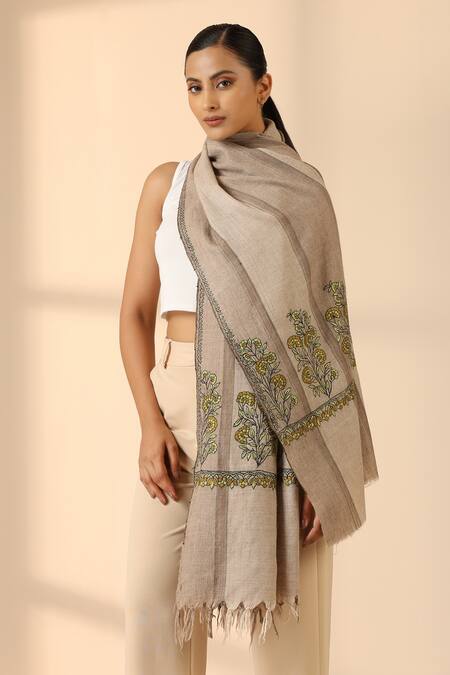 Shop Dusala Beige Isla Phulkaari Embroidered Pashmina Shawl Online at Aza Fashions Shop_Dusala_Beige Isla Phulkaari Embroidered Pashmina Shawl _Online_at_Aza_Fashions