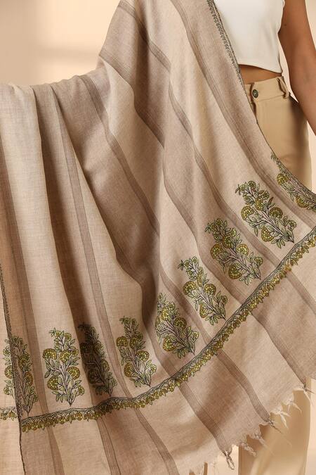 Dusala Beige Isla Phulkaari Embroidered Pashmina Shawl at Aza Fashions Dusala_Beige Isla Phulkaari Embroidered Pashmina Shawl _at_Aza_Fashions