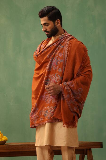 Shop Dusala Orange Adya Phulkaari Embroidered Pashmina Shawl at Aza Fashions Shop_Dusala_Orange Adya Phulkaari Embroidered Pashmina Shawl_at_Aza_Fashions