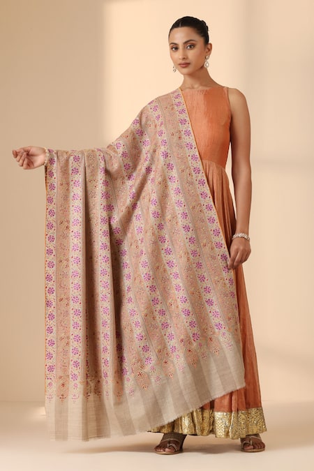 DUSALA Luna Striped Gulab Embroidered Pashmina Shawl 