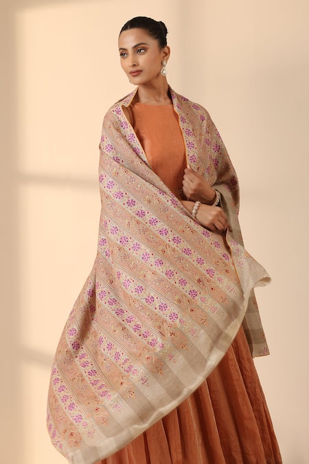 Dusala_Multi Color Luna Striped Gulab Embroidered Pashmina Shawl_Online_at_Aza_Fashions