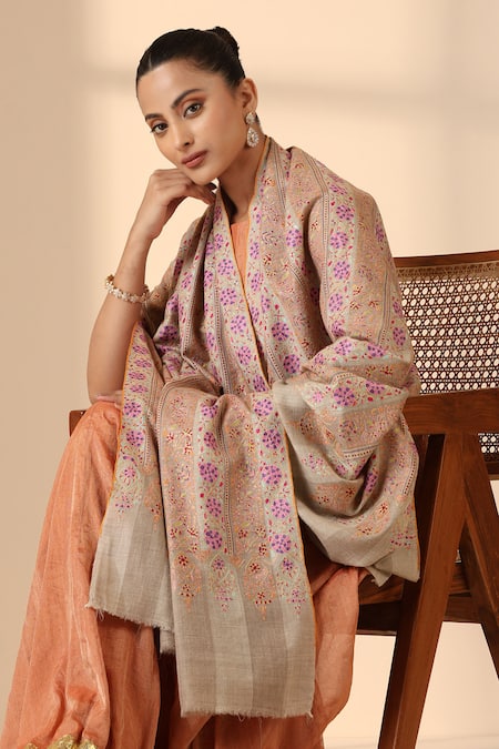 Buy_Dusala_Multi Color Luna Striped Gulab Embroidered Pashmina Shawl_Online_at_Aza_Fashions