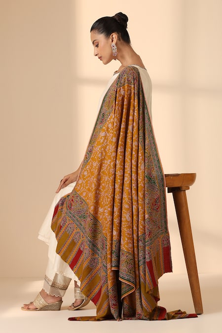 Shop Dusala Yellow Ava Sozni Embroidered Pashmina Shawl at Aza Fashions Shop_Dusala_Yellow Ava Sozni Embroidered Pashmina Shawl _at_Aza_Fashions