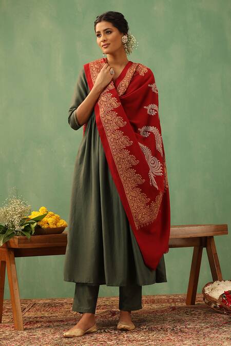 Dusala_Red Tiari Cashmere Shawl_Online_at_Aza_Fashions