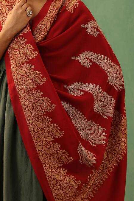 Buy_Dusala_Red Tiari Cashmere Shawl_Online_at_Aza_Fashions