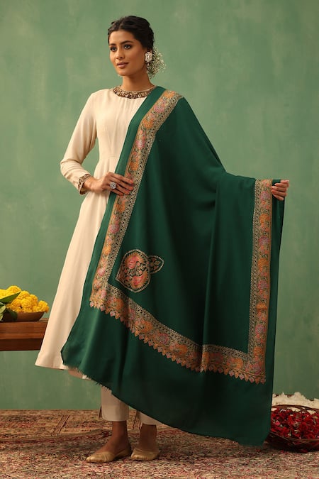 Shop Dusala Green Adija Cashmere Shawl at Aza Fashions Shop_Dusala_Green Adija Cashmere Shawl _at_Aza_Fashions