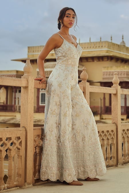Shop_Lashkaraa_Gray Silk Sequins, Beads, Zari Sweetheart Neck Bahara Embroidered Jumpsuit _Online_at_Aza_Fashions