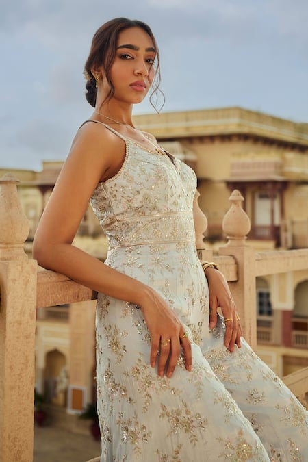 Buy_Lashkaraa_Gray Silk Sequins, Beads, Zari Sweetheart Neck Bahara Embroidered Jumpsuit 