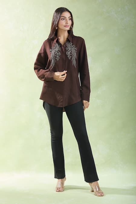 NAMRATA JOSHIPURA Maroon Embellished Crystals Collared Neck Java Floral Shirt 