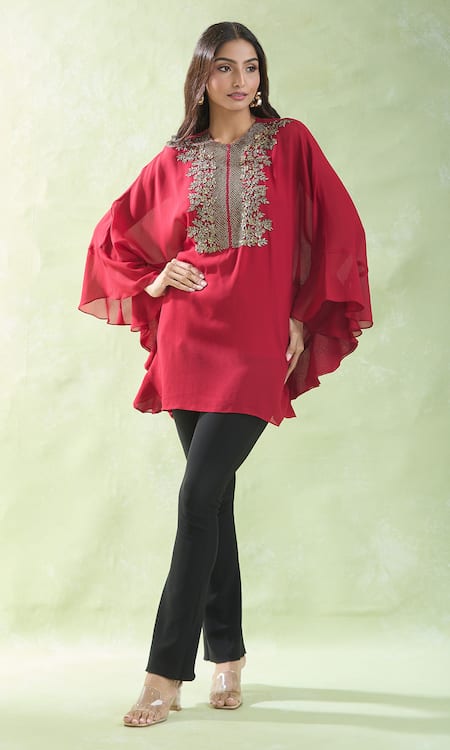 NAMRATA JOSHIPURA Red Embellished Crystals Round Neck Flower Bloom Yoke Tunic 