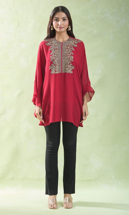 Namrata Joshipura Red Crystals, Stones, Embroidery Round Neck Flower Bloom Embellished Yoke Tunic Online at Aza Fashions Namrata Joshipura_Red Crystals, Stones, Embroidery Round Neck Flower Bloom Embellished Yoke Tunic _Online_at_Aza_Fashions
