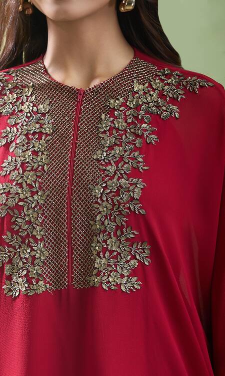 Buy Namrata Joshipura Red Crystals, Stones, Embroidery Round Neck Flower Bloom Embellished Yoke Tunic Online at Aza Fashions Buy_Namrata Joshipura_Red Crystals, Stones, Embroidery Round Neck Flower Bloom Embellished Yoke Tunic _Online_at_Aza_Fashions